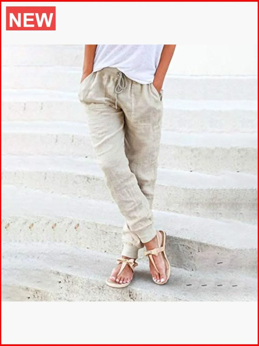 Cotton Linen Tapered Pants Drawstring Elastic Waist Casual Trousers with Pockets